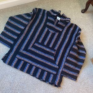 Mexican Baja poncho hoodie medium black, red, blue